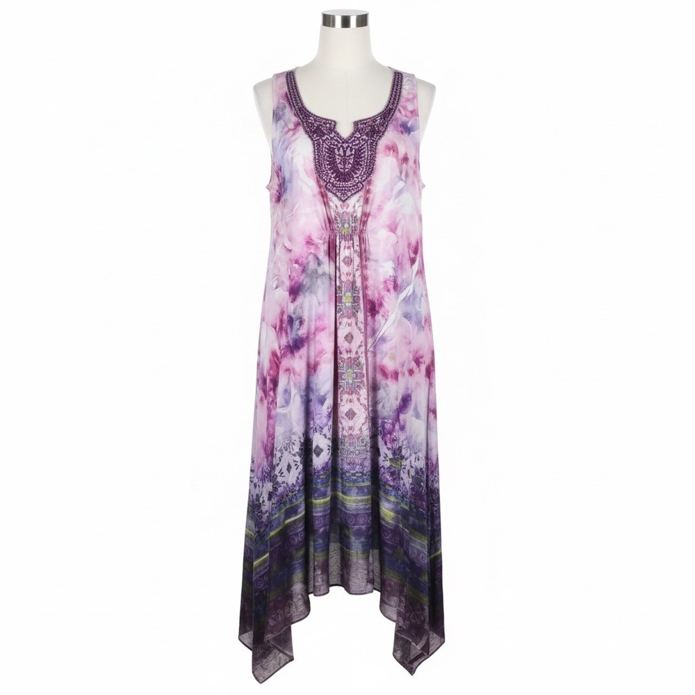 World Unity Dress 1X Plus Purple Tie Dye Boho‎ Fairy Sharkbite Crochet Paisley